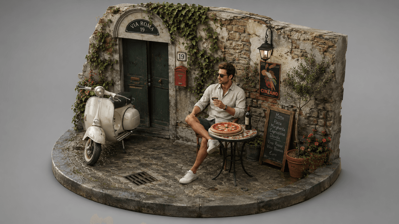 Italian street cafe isometric diorama generated from an Ideogram 4.0 prompt.