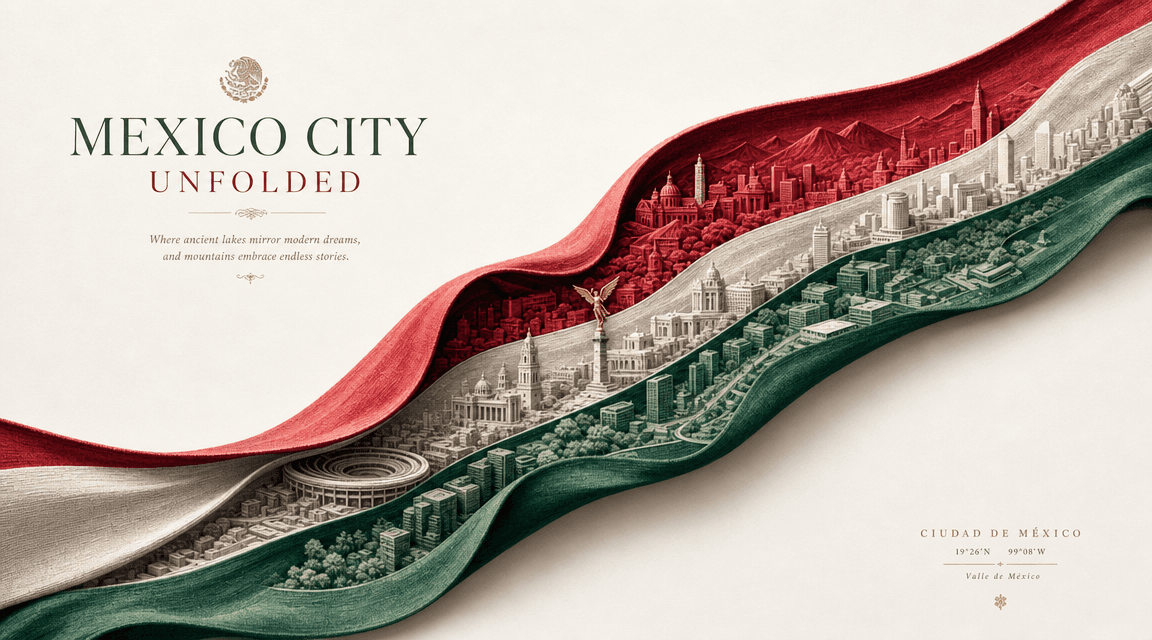 Mexico City unfolded ribbon poster generated from a prompt.