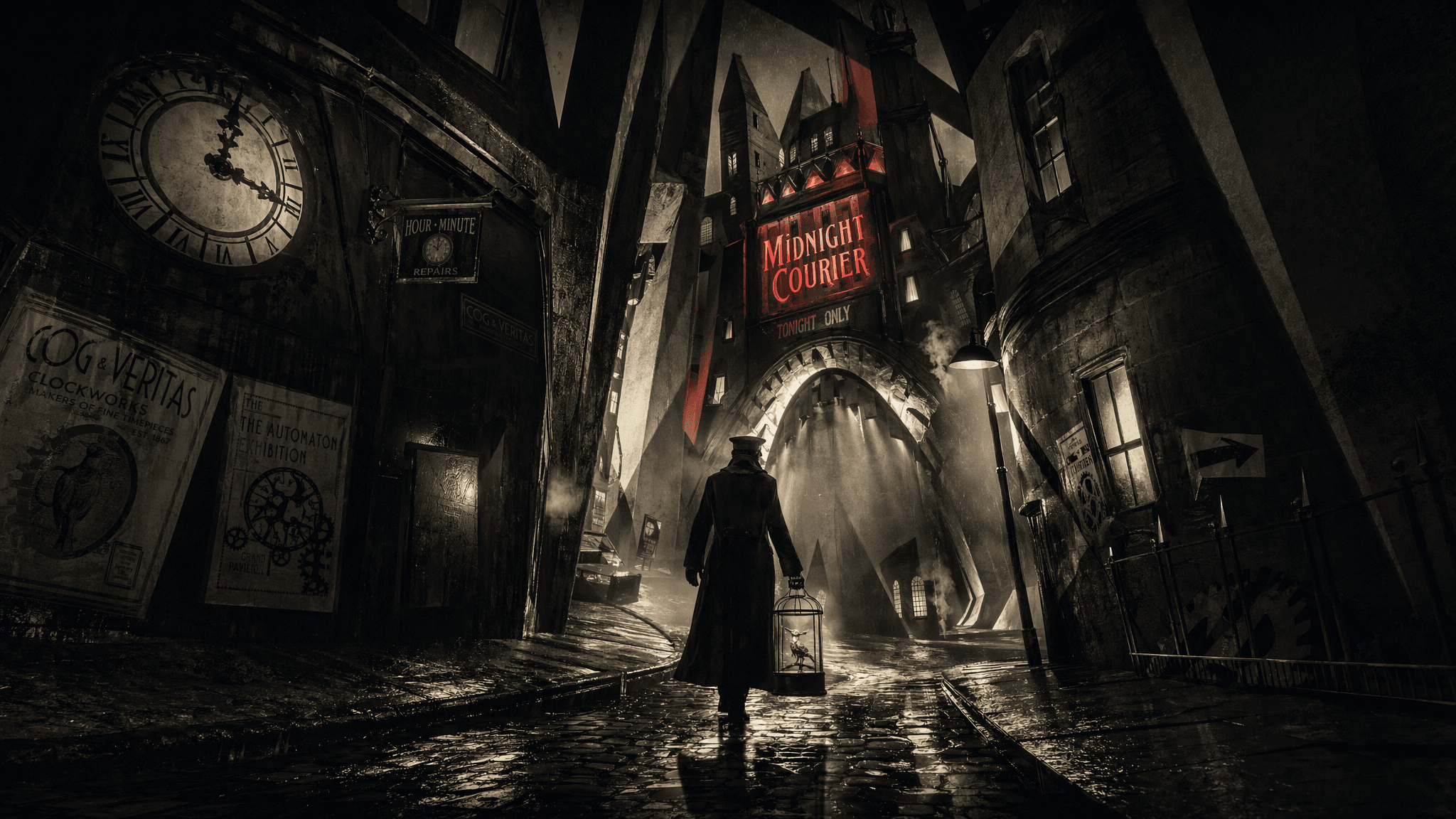 Midnight clockwork alley generated from a prompt.