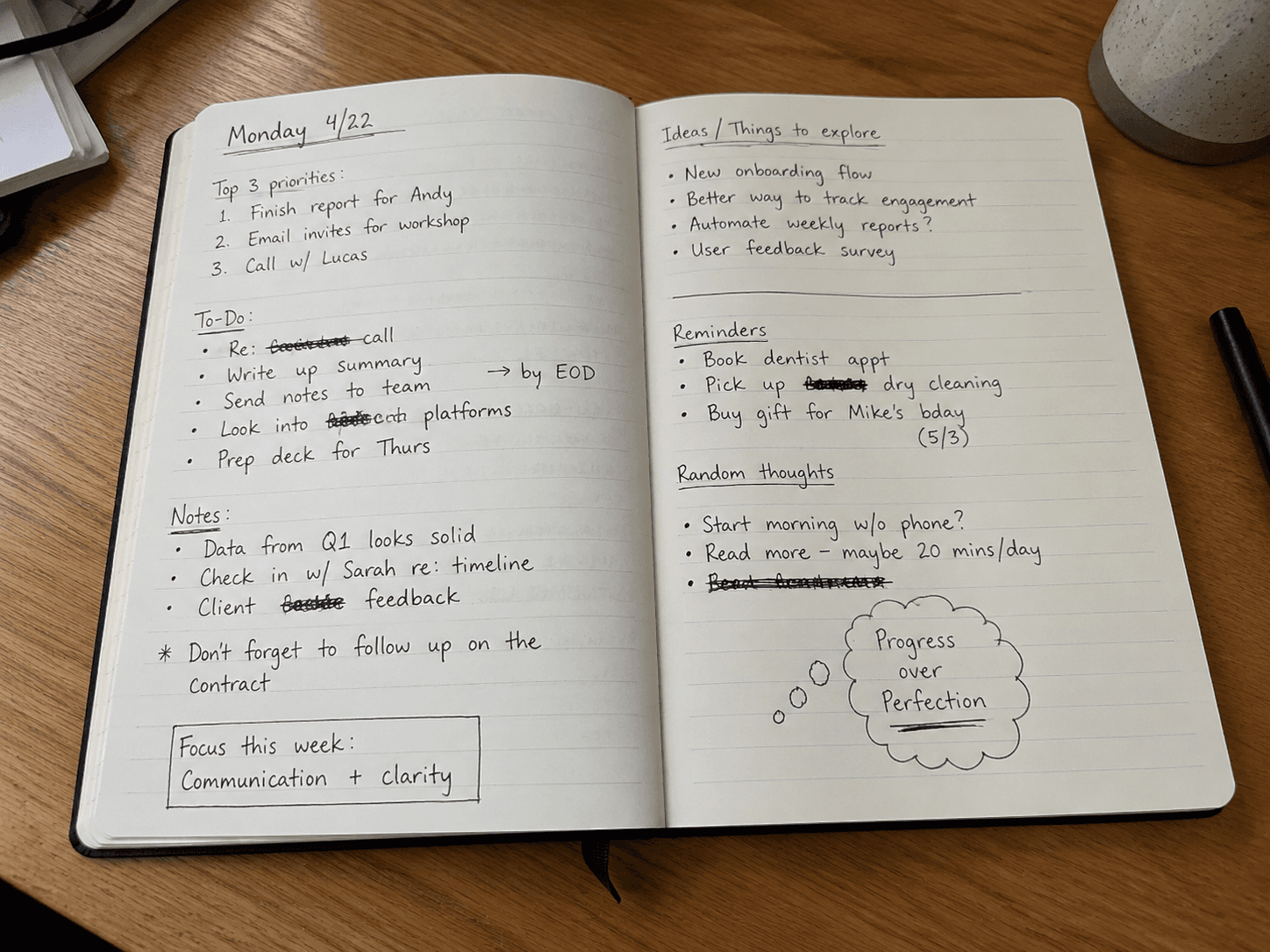 Handwritten notebook desk photo generated from a prompt.