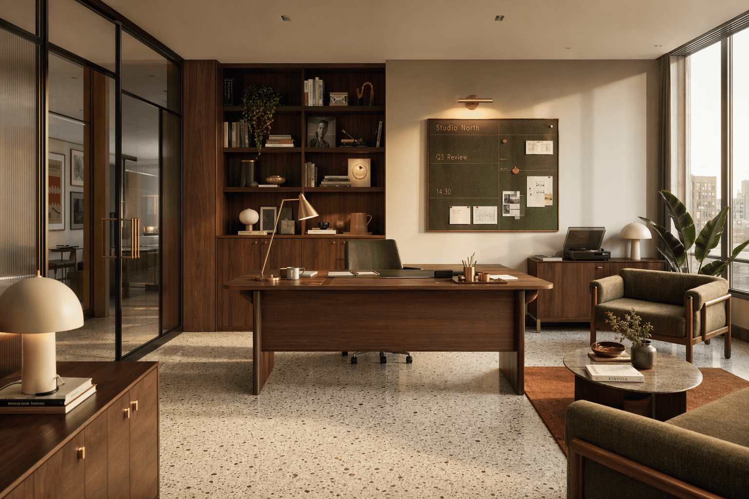 Mid-century creative office render generated from a prompt.