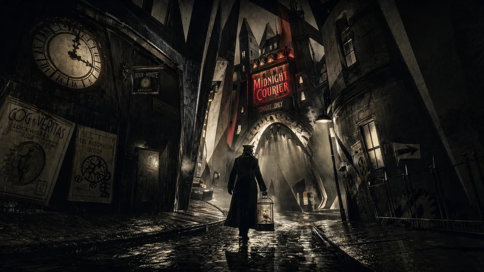 Midnight clockwork alley generated from a prompt.
