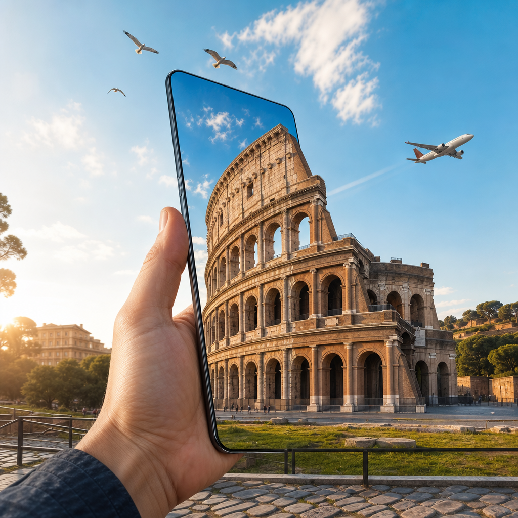 罗马斗兽场从手机屏幕延伸到现实的旅行广告。