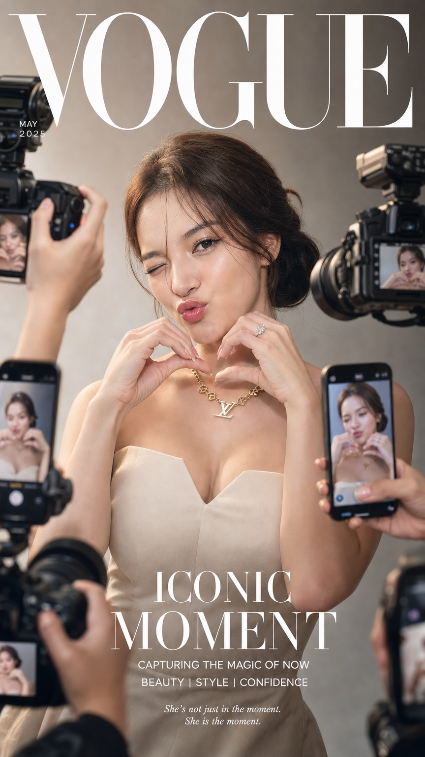 Vogue 杂志封面风格的人像大片，模特被相机和手机包围，突出名人感、奢华感和时尚封面构图。